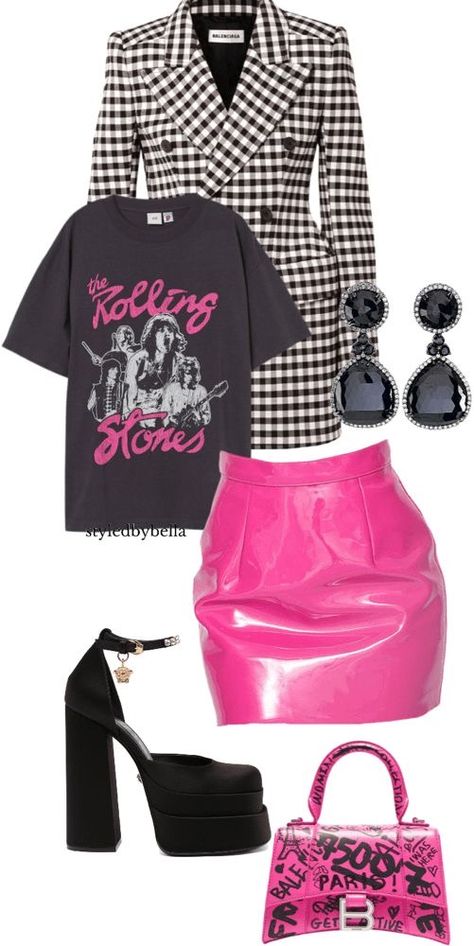 What To Wear With Pink Skirt, Outfits With Versace Platforms, Black Platform Heels Outfit Aesthetic, Black Barbie Inspired Outfits, Versace Platforms Outfit, Pink Outfits Ideas Party, Barbie Black Outfit Ideas, Black And Pink Style Outfit, Barbie Winter Outfit Ideas