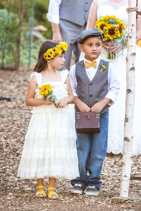 Country Sunflower Wedding, Country Wedding Colors, Flower Girl And Ring Bearer, Long Flower Girl Dresses, Sunflower Wedding Bouquet, Sunflower Themed Wedding, Navy Blue Bridesmaid Dresses, Yellow Wedding