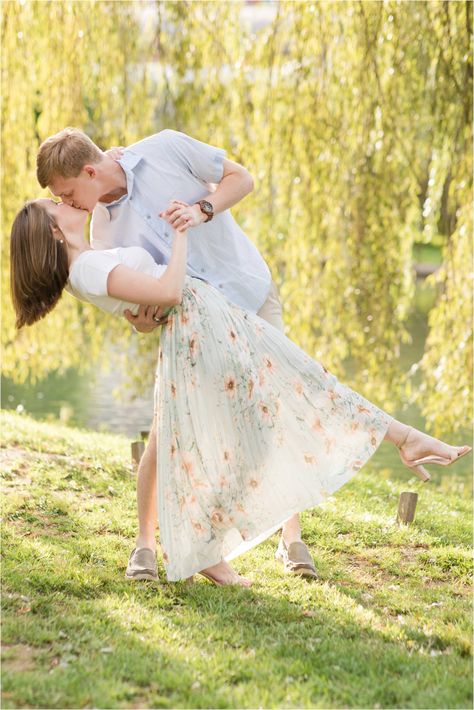 Willow Tree Photoshoot, Dip Pose, Anniversary Picture Poses, Under A Willow Tree, Penn State Wedding, Engagement Photos Park, Spring Engagement Pictures, Engagement Photo Shoot Beach, A Willow Tree