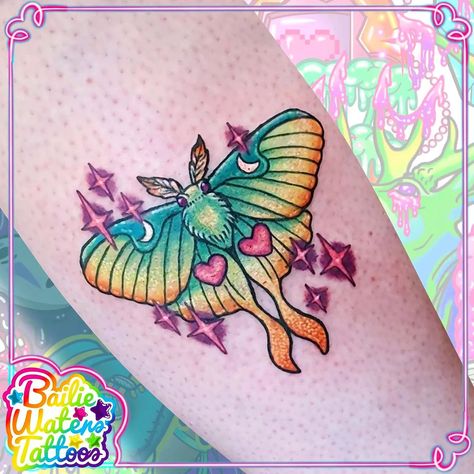 Purple Butterfly Tattoos, Filler Tatoos, Matching Moth Tattoos, Cute Color Tattoos, Luna Moths Tattoos, Luna Moth Tattoo Color, Cute Moth Tattoo, Luna Moth Chest Tattoo, Iridescent Tattoo