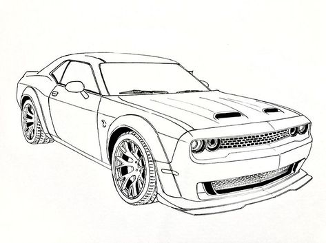 Auto Aesthetics: Pinning the Finest in Car Design Dodge Charger Coloring Pages, Hellcat Tattoo Designs, Hellcat Challenger Drawing, Hellcat Charger Drawing, Dodge Challenger Outline, Dodge Hellcat Drawing, Dodge Charger Hellcat Drawing, Dodge Demon Drawing, Dodge Challenger Painting