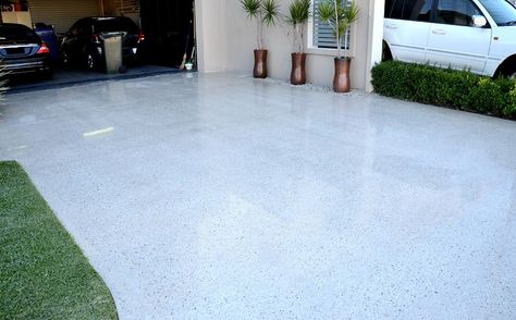 Perth Polished Concrete Concrete Driveway Ideas, Driveway Ideas Cheap, White Concrete Floors, Polished Cement Floors, Honed Concrete, Australian Houses, Patio Water Feature, Pool Surrounds, Concrete Edging