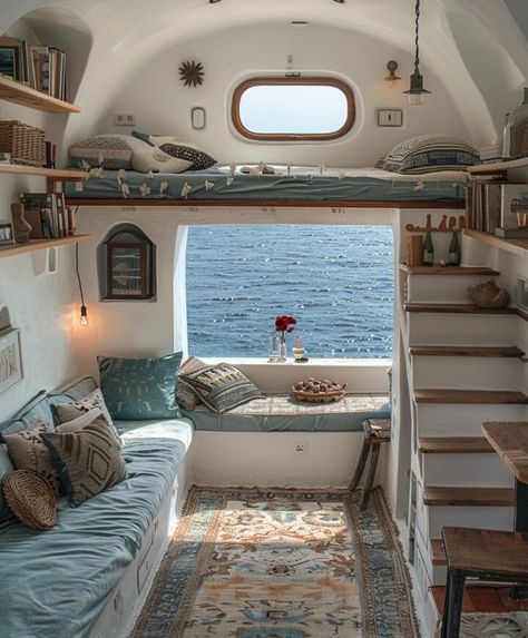 Read the blog post about 21 Ideas To Make The Most of a Tiny Cabin & check out the best design ideas! Click for more. Stay informed about the Decoholic blog post. Now Visit. Tiny House Bed, Lofted Bed, Cottage Tiny House, Tiny House Camper, Beachy Room, Greek House, House Bedrooms, Living Room Loft, Van Living