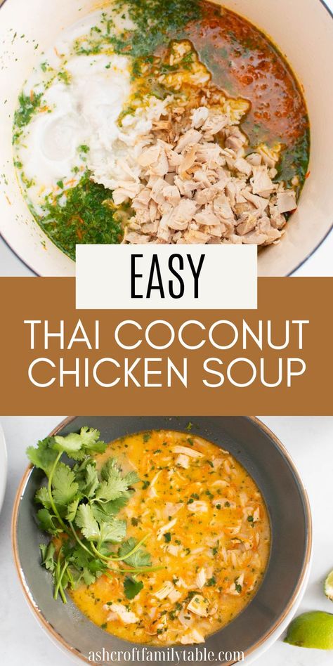 Here's one of my favorite soup recipes to make for a weeknight meal or easy lunch! If you like Thai food, you'll love this yummy Thai chicken soup with coconut, lime, and cilantro! This simple and delicious Thai soup is one of the best Asian chicken soup recipes ever! Advocare Soup Recipes, Peanut Curry Soup, Low Carb Thai Soup, Thai Chicken Curry Soup Coconut Milk, Coconut Broth Soup, Thai Soup Crockpot, Chicken In Soup Recipes, Easy Coconut Curry Soup, Easy Thai Chicken Soup