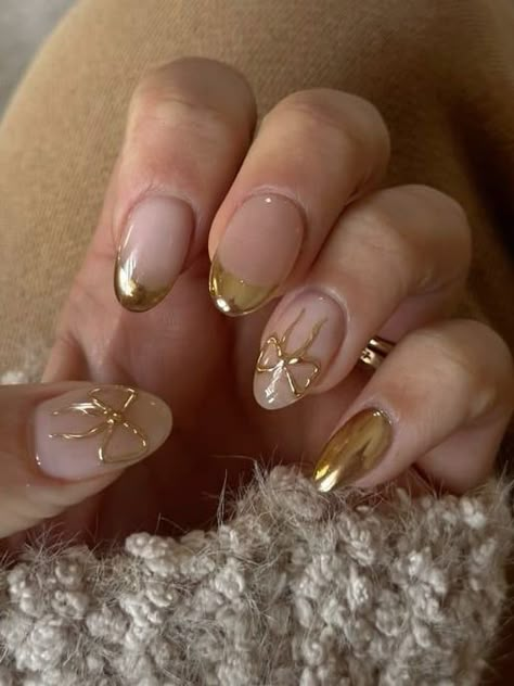 Chrome Bow Charm Nails Bow Charm Nails, Classy Gold Nails, Charm Nails, Fun Nail Ideas, Gold Chrome Nails, Nail Designs Colors, Golden Nails, N Nails, Different Nail Shapes