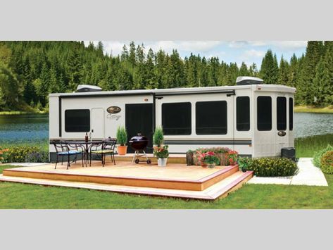 Destination Trailers Living, Forest River Sierra Fifth Wheel Remodel, Forest River Travel Trailer Remodel, Rv Park Model Homes, Beach Trailer, Destination Trailers, Kirk Creek Campground Big Sur, Campsite Decorating, Forest River Travel Trailer