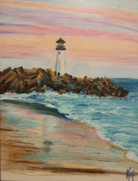 Oil Pastel Drawings Beach, Lighthouse Oil Pastel, Beach Pastel Art, Beach Colored Pencil Drawing, Oil Pastel Beach Scene, Ocean Pastel Drawing, Oil Pastel Art Scenery, Oil Pastel Ocean, Beach Oil Pastel