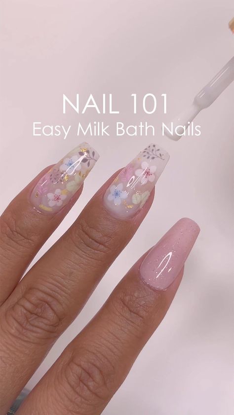 Milk Flower Nails, Milkbath Nails With Flowers, Nails With Stickers, Milk Bath Nails, Bath Nails, White Nail Designs, Dry Flowers, Milk Bath, Spring Nail