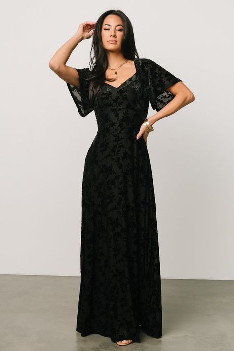 Everley Velvet Maxi Dress | Black | Baltic Born Black Wedding Guest Dresses, Fitted Maxi Skirt, Embossed Velvet, Black Bridesmaids, Baltic Born, Formal Dresses With Sleeves, Velvet Maxi, Velvet Maxi Dress, Fall Wedding Guest Dress