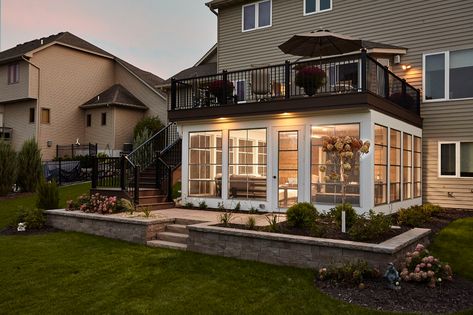 Tuck Under Porch with a View in Maple Grove | Murphy Bros 3 Season Porch Under Deck, Screen Porch Under Deck Ideas, Screened In Porch With Balcony Above, 2 Story Deck With Screened In Porch, Upper Deck Ideas Second Story Screened In Porch, Decks Over Walk Out Basement, Under Deck Screened In Porch, Sunroom Under Deck, Screened In Patio Under Deck