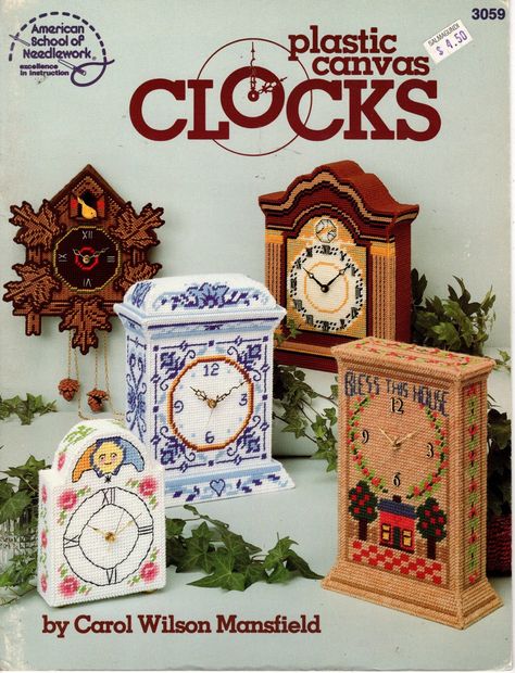 Plastic+Canvas+Clocks+Pattern+American+School+of+Needlework+3059 Cross Stitch 3d, Plastic Canvas Books, Kitchen Clock, School Pics, Plastic Canvas Ideas, Pattern Butterfly, American School, July Wreath, Plastic Canvas Pattern