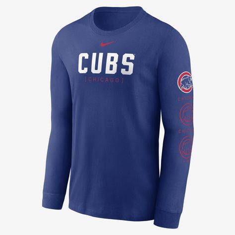 The Repeater T-Shirt features bold Chicago Cubs graphics and soft cotton fabric to help get you ready for game day. Nike Set, Nike Crew Neck, Men's Long Sleeve T-shirt, Nike Store, Beachwear For Women, Chicago Cubs Logo, Royal Fashion, Chicago Cubs, Nice Tops