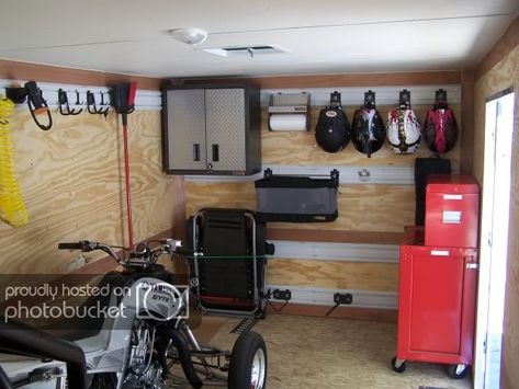 Trailer Setup Ideas, Motocross Trailer, Enclosed Trailer Ideas, Moto Trailer, Trailer Cabinets, Enclosed Motorcycle Trailer, Trailer Shelving, Quad Trailer, Hunting Trailer