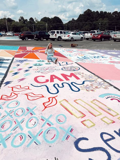 Men’s Senior Parking Spot, Senior Tiles, Senior Festivities, Senior Spots Painting, Cute Parking Spot Painting Ideas, Senior Year Activities, Parking Spot Painting Ideas, Highschool Parking Spot Ideas, Cute Senior Parking Spot Ideas