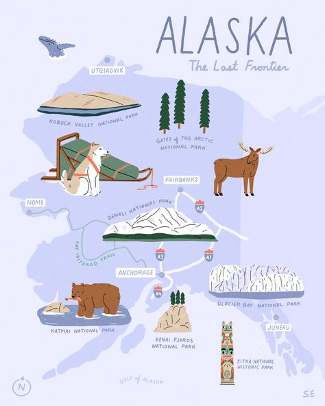 Illustrated map of Alaska - The Last Frontier Road Map Art, Compass Art, Alaska Map, Alaska The Last Frontier, Alaska Art, State Map Art, Infographic Map, Map Artwork, National Parks Map