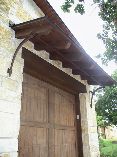 Roof, Awning, Pergola over Garage Doors Brackets Ideas, Wooden Front Door, Roof Brackets, Door Overhang, Front Door Canopy, Roof Canopy, Metal Awning, Mediterranean Exterior, Door Awnings