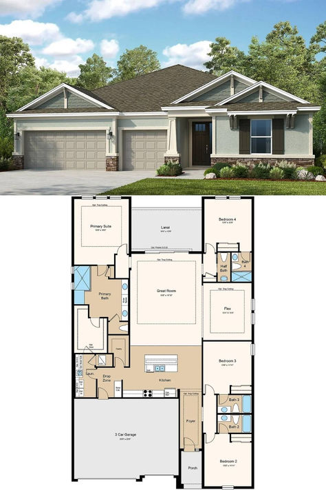 4-Bedroom Single Family Home with Large Covered Lanai and Three-Car Garage (2,921 Sq. Ft. Floor Plan) Family Home Floor Plans, Covered Lanai, Mansion Floor Plan, Garage Floor Plans, Three Car Garage, Small House Plan, Wrap Around Porch, Floor Layout, Garage Floor