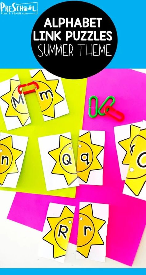 Looking for a fun, educational summer activity for preschoolers? This cute sun theme letter matching activity is a great way to help preschool, pre-k, and  kindergarten students practice pairing upper and lowercase letters. Simply print pdf file with summer printables and you are ready for some engaging summer learning! Printable Sun, Letter Matching Game, Sun Activity, Number Activities Preschool, Sun Theme, Abc Centers, Letter Matching Activities, Summer Preschool Activities, Summer Kindergarten