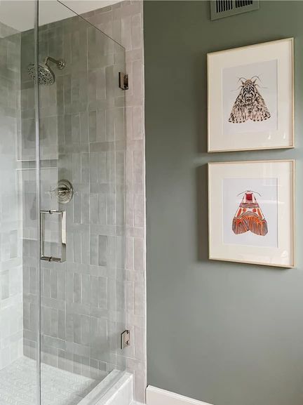 White Subway Tile Shower With Accent Carrara Marble, Grey Tile Bathroom Wall Color, Sage Subway Tile Bathroom, Bathroom With Subway Tile Walls, Marble Subway Tile Shower Walls, Marble And Subway Tile Bathroom, Sage Shower Tile, Polished Nickel Shower Fixtures, Stacked Tile Shower Wall