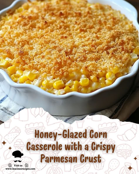 Indulge in the sweet and savory goodness of this Honey-Glazed Corn Casserole with a crispy Parmesan crust—a perfect comfort food side dish for any gathering. Honey Glazed Corn Casserole Parmesan, Sweetcorn Recipes Side Dishes, Honey Glazed Corn Casserole With Crispy Parmesan Crust, Honey Glazed Corn Casserole, Corn Dishes Side, Corn Casserole Recipe Jiffy, Sweet Side Dishes, Corn Side Dish Recipes, Recipes With Corn