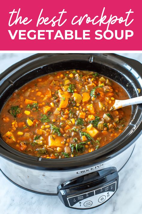 Warm, comforting, and packed with nutritious veggies, this crockpot vegetable soup recipe is sure to become a new family favorite. Perfect for chilly nights or busy days, this soup is easy to make and delicious to eat. Crockpot Veg Soup Recipes, Slow Cooker Creamy Vegetable Soup, Vegetable Soup With Chuck Roast, Vegetarian Soups And Stews Crock Pot, Vegetarian Vegetable Soup Crock Pot, Instant Pot Vegetable Soup Recipes, Best Vegetable Soup Recipe Crockpot, Vegetable Soup Crock Pot Easy, Veggie Soup Recipes Crockpot