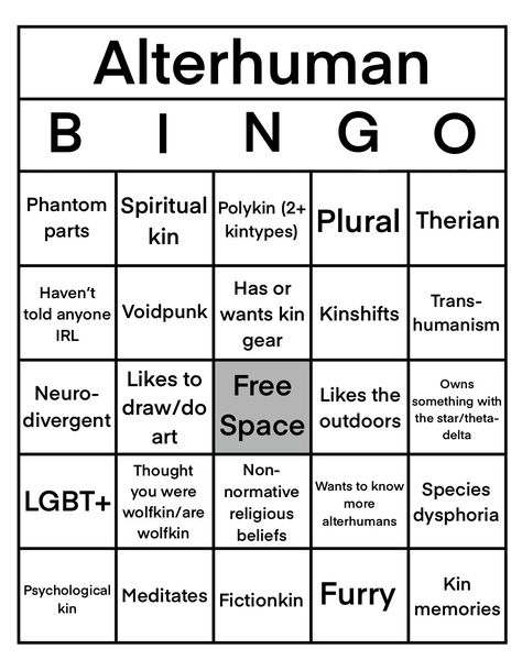 Therian Bingo, Disassociative Identity, Disassociative Identity Disorder, Human Bingo, Get To Know You Activities, Bingo Sheets, Bingo Template, Bingo Board, Meme Template