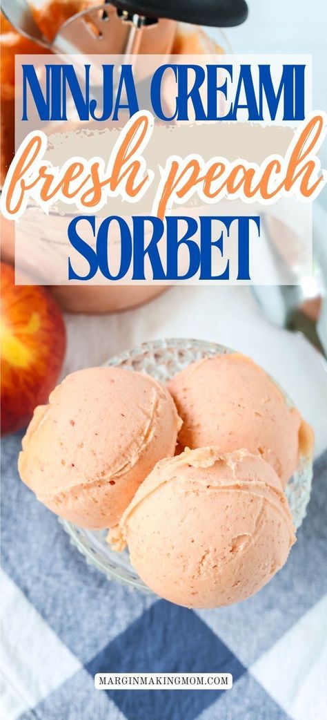 This Ninja Creami peach sorbet is one of the best recipes I've made in the machine! I used fresh peaches (it's a no-peel recipe, so it's super easy), and you can use sugar or monk fruit sweetener to cut calories or make it weight-watchers friendly! Peach Creami Recipes, Ninja Creami Fresh Peach Sorbet, Fresh Peach Sorbet Ninja Creami, Healthy Ninja Creami Fruit, Peach Ninja Creami Recipe, Peach Sorbet Ninja Creami, Ripe Peaches Recipes, Fruit Ninja Creami Recipes, Ninja Creami Fruit Sorbet