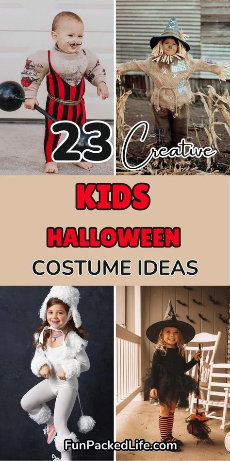 The image showcases four different creative kids Halloween costume ideas with the text "23 Creative Kids Halloween Costume Ideas" displayed. The image emphasizes fun and creative costume choices for Halloween, ideal for young children, and encourages DIY inspiration for parents looking for easy Halloween costume ideas. Kids Halloween Costumes Diy, Unique Halloween Costumes For Kids, Creative Halloween Costumes For Kids, Homemade Cat Costume, Diy Kids Halloween Costumes, Best Toddler Costumes, Creative Kids Halloween Costume, Unique Kids Halloween Costume, Kids Halloween Costume Ideas