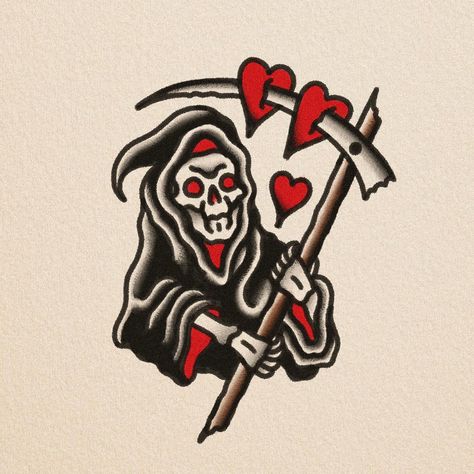 Lovely flashes for your skin ❤️ black or colors 💌 . . . . . #tattooflash #traditionaltattoos #flashtattoo #flashworkers #grimreaper #tattooideas Luv Tattoo, Scythe Tattoo, Holy Diver, Traditional Tattoo Flash Art, Engraving Tattoo, Grim Reaper Tattoo, Reaper Tattoo, Tattoo Old School, New Tattoo Designs