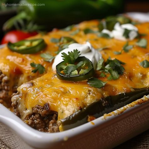 Delicious Baked Beef Chiles Rellenos Casserole Recipe - Skod Ground Beef Chile Relleno Casserole, Baked Beef Chiles Rellenos Casserole, Chili Relleno With Ground Beef, Baked Beef Chili Relleno Casserole, Chile Riano Casserole Recipe, Chili Relleno Casserole With Ground Beef, Ancho Chile Recipes, Alambre Recipe, Chiles Rellenos Casserole