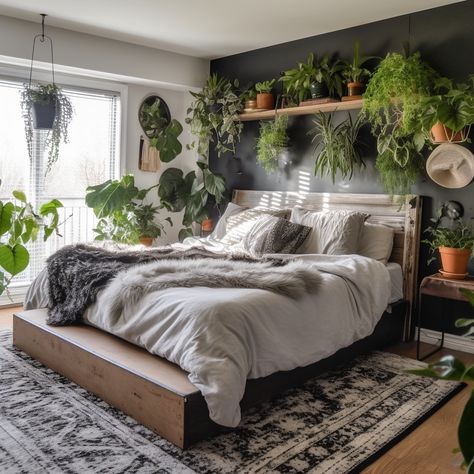 Black And Boho Bedroom, Plants On Black Wall, Boho Room With Black Wall, Bedroom Decor With Black Wall, Dark Green White And Grey Bedroom, Bedroom With Houseplants, Grey Wall With Black Accent Wall, Black White Green Boho Bedroom, Bohemian Dark Bedroom