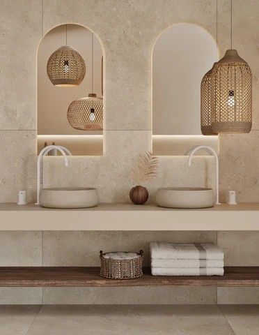 Basin In Bedroom, Wabi Sabi Bathroom Inspiration, Ibiza Bathroom, Ibiza Interior Design, Boutique Bathroom, Nood Co, Bathroom Basins, Mediterranean Interior, Serene Bathroom