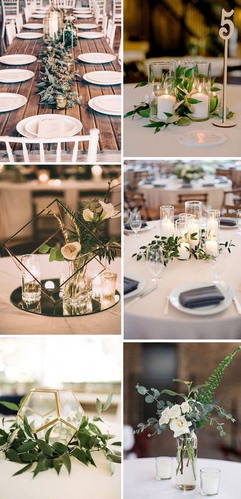 Minimalistic Greenery Wedding, Diy Greenery Centerpiece Wedding, Wedding Minimal Centerpieces, Backyard Wedding Minimalist, Diy Greenery Centerpiece, Simple Greenery Centerpiece Wedding, Modern Minimalist Centerpiece Wedding, Modern Minimal Wedding Table Decor, Simple Floral Wedding Decor