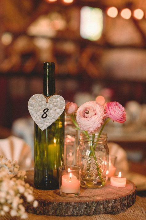 Wine Bottle And Mason Jar Centerpieces For Wedding, Green Wine Bottle Wedding Centerpieces, Wine Bottle Mason Jar Centerpiece, Wine Bottle Lights Wedding, Wine Bottle And Mason Jar Centerpieces, Bottle Lights Wedding, Centerpieces Rustic, Vintage Wedding Centerpieces, Wedding Centerpieces Mason Jars