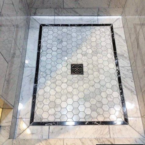 Marble With Black Border Interior Ideas For Shower Floor Tiles #bathroomtiles Shower Floor Tile Ideas, Shower Floor Tile, Master Shower, Master Bath Ideas, Master Bathrooms, Black Tiles, Bathroom Remodel Shower, Trendy Bathroom, Bathroom Floor Tiles