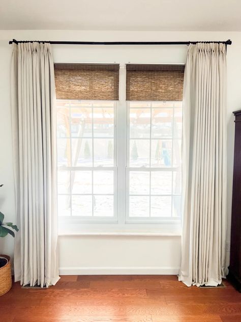 Affordable Pinch Pleat Curtains for Your Home - Full Hearted Home Curtains Behind Couch Against Wall, Linen Curtains Living Room, Drapery Ideas, Tennessee House, Pinch Pleat Drape, Tan Walls, Measuring Curtains, Behind Couch, Pleat Curtains