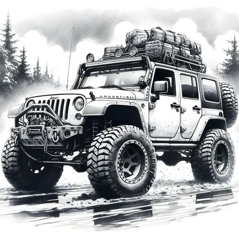 Jeep Sketch, 4x4 Car, Off Roading, Off Road Jeep, Jeep Art, Town Drawing, Grand Prix Posters, Cartoon Car Drawing, Bike Training