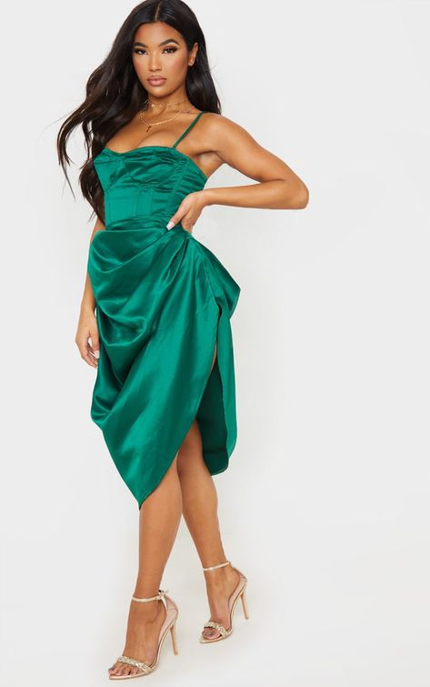 Emerald Green Satin Woven Ruched Side Midi Skirt Green Skirt Outfit, Satin Corset Top, Ruched Midi Skirt, Green Chevron, Side Design, Ruched Skirt, Lovely Legs, Grad Dresses, Holiday Outfit