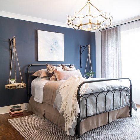 Accent navy blue wall in the bedroom painted in Benjamin Moore A Hale Navy HC-154 Navy Accent Walls, Navy Bedrooms, Blue Bedroom Walls, Navy Blue Bedrooms, Blue Accent Walls, Hale Navy, Decor Ikea, Dekorasi Kamar Tidur, Purple Decor