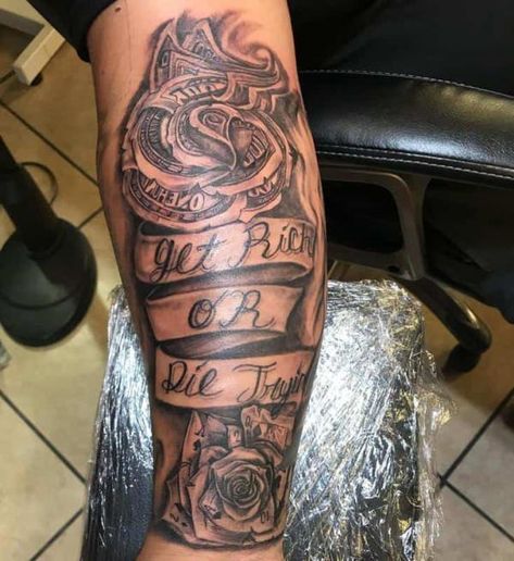 Rose money with quotes Get rich or die tryin Rose Money Tattoo, Trying Tattoo, Elegant Rose Tattoo, Rose Money, Stencil Tattoos, Money Tattoos, Rose Neck Tattoo, Rose Tattoo On Hip, Money Rose Tattoo