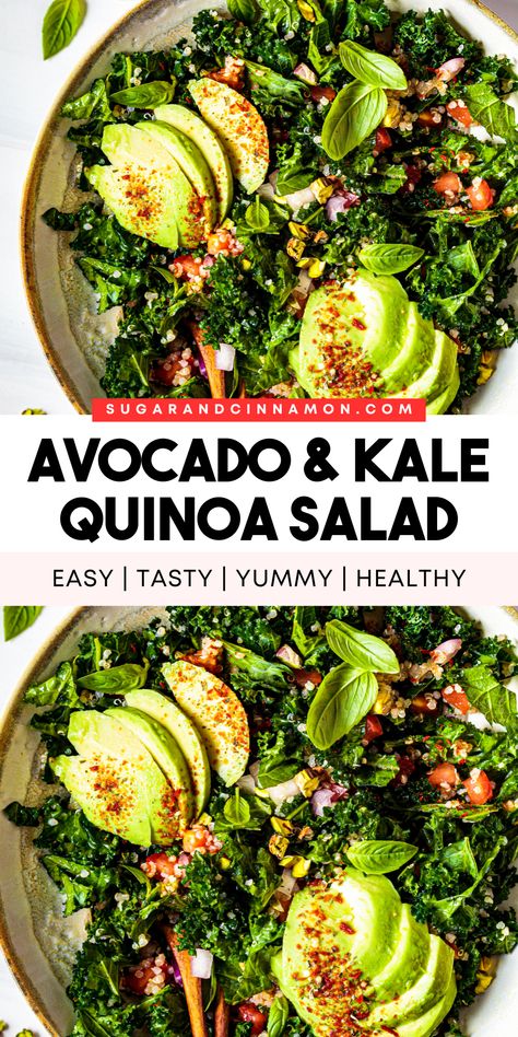 Fuel your body with this Healthy Avocado & Kale Quinoa Salad! 🥑🍃 A perfect blend of greens, quinoa, and creamy avocado, this salad is full of flavor and healthy nutrients. Ideal for a light lunch or dinner. Save this pin for later healthy meal inspiration! 📌✨ Edamame Avocado Salad, Massaged Kale Salad Recipes, International Salad Recipes, Kale Spinach Salad, Kale Salad Recipes Healthy, Kale Salad With Quinoa, Healthy Avocado Recipes, Healthy Kale Salad, Kale Salad Dressing