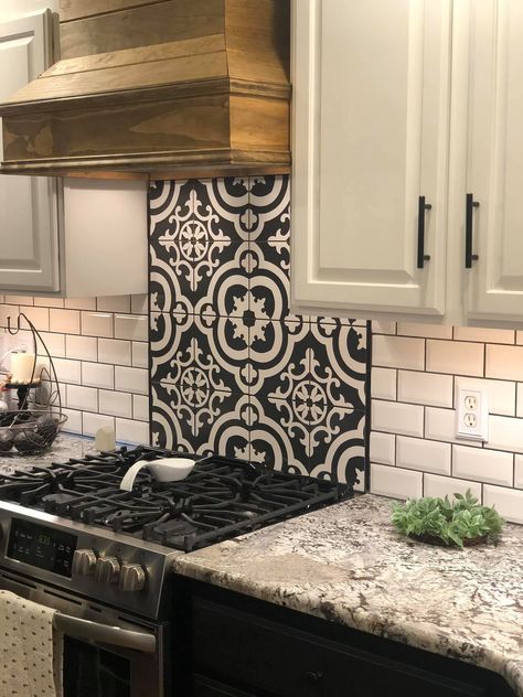 Kitchen Backsplash With 2 Different Tiles, Decorative Tile Over Stove, Splash Back Ideas Kitchen Stove, Under Island Wall Ideas Tile, Farmhouse Stove Backsplash, Accent Tile Behind Stove Kitchen, Decorative Tile Behind Stove, Behind The Stove Ideas, Decorative Backsplash Behind Stove