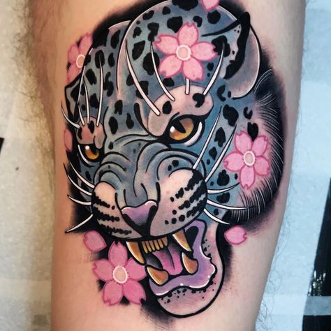 Like: Your use of colour and cherry blossoms is just perfect <3 <3 School Tattoo Ideas, Stocking Tattoo, Leopard Tattoos, Amazing Tattoos, Tatuaje A Color, Knee Tattoo, New School Tattoo, Tattoo Kits, Dot Work Tattoo