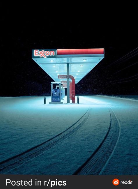 Empty gas station snow Aesthetic Space, Dreamcore Weirdcore, Petrol Station, Im Lost, Cinematic Photography, Winter Forest, Winter Aesthetic, Night Aesthetic, Winter Colors