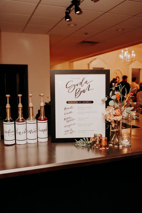 Drink Bar For Wedding, Mocktail Drink Station Wedding, Soda Bar Sign Wedding, Drink Corner Party, Make Your Own Soda Bar, Soda Bar For Wedding, Italian Soda Bar Wedding Receptions, Wedding Bar Games, Alcohol Free Wedding Ideas