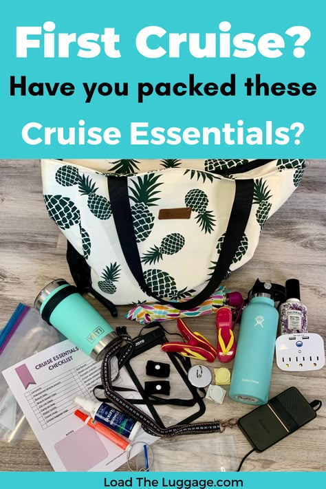 First cruise? Have you pocked these cruise essentials?  Image is several important cruise accessories that people often forget to pack Cruise Accessories Products, Cruise Water Bottle Ideas, Best Purse For Cruise, Disney Cruise Carry On Bag, Cruise Excursion Bag, Cruise Needs, Cruise Travel Essentials, What To Pack For Cruise, Cruise Gift Bag Ideas