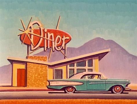 Diner Illustration Art, 50s Art Aesthetic, 1950s Aesthetic Art, 50s Aesthetic Art, Diner Illustration, Diner Painting, Robert Laduke, Diner Art, 1950 Art