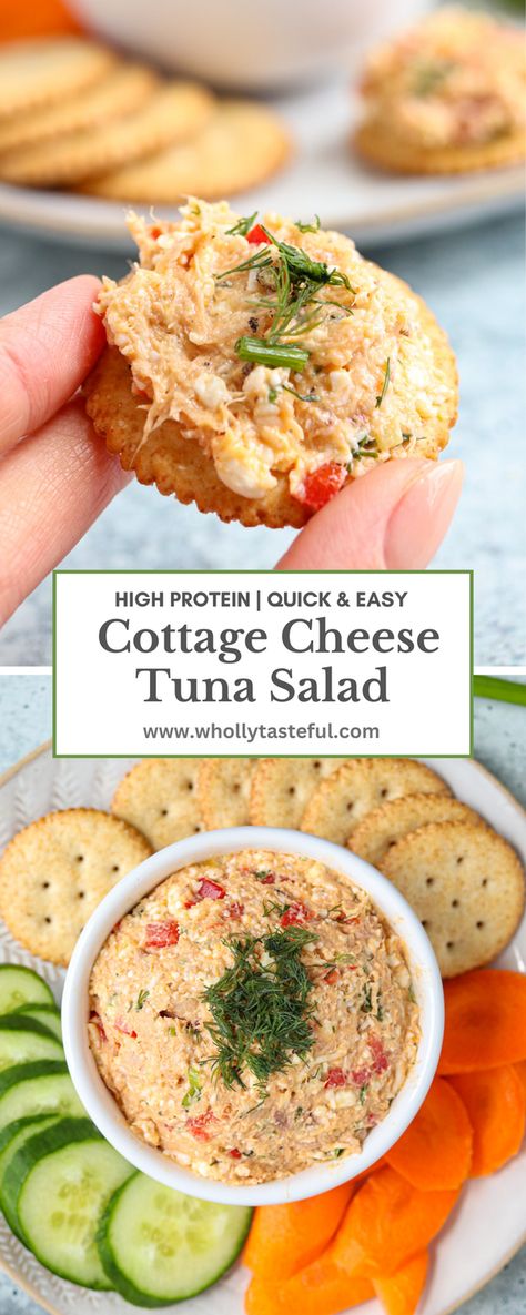 High protein cottage cheese tuna salad is quick, easy to make andfull of flavor. Perfect for sandwiches, crackers, wraps or as a dip. Great as lunch, snack or appetizer. Healthy and nutritious. Protein Snack Lunch, Tuna With Cottage Cheese, High Protein Low Carb Tuna Recipes, Tuna And Cottage Cheese Recipes, Easy Cottage Cheese Snacks, Tuna Snack Ideas Healthy, Tuna Salad With Cottage Cheese, Cottage Cheese And Tuna, Easy Tuna Lunch Ideas