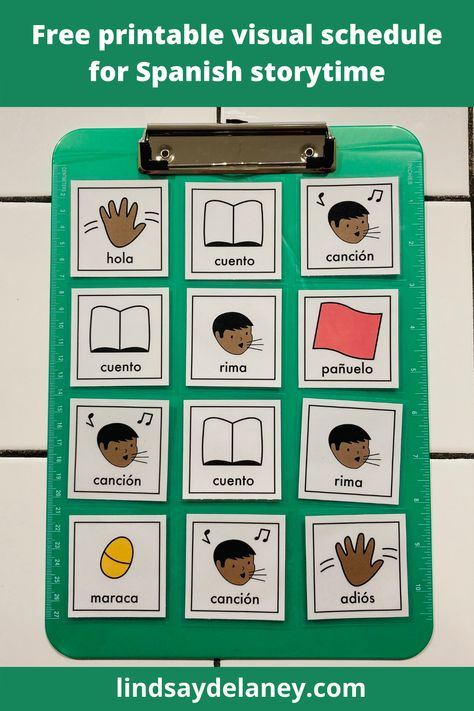 Graphic text reads Free printable visual schedule for Spanish storytime lindsaydelaney.com. Photo of a clipboard with square labeled graphics of different storytime activities. Free Printable Visual Schedule, Bilingual Storytime, Printable Visual Schedule, Visual Schedules, Visual Schedule, Design Practice, Universal Design, Story Time, Helping Kids