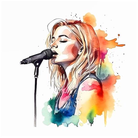 A girl singing watercolor paint | Premium Vector #Freepik #vector #wpap #watercolor-illustration #watercolor-girl #watercolor-drawing Music Art Drawing, Vinyl Album Art, Singing Drawing, Girl Singing, Singer Art, Color Drawing Art, Music Drawings, Meaningful Drawings, About A Girl